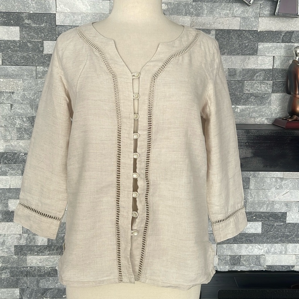 Liz Claiborne Linen Long Sleeves Embroidered Top Size S